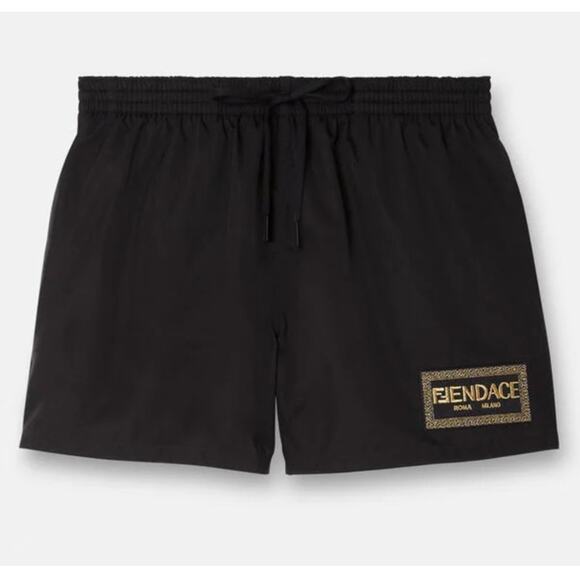 Mens Fendace Fendi Versace Collab Drawstring Swim Shorts Swimwear 56 3XL Black - Picture 1 of 9